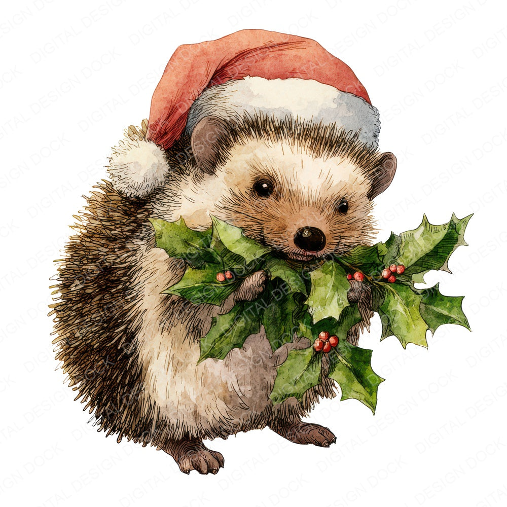 Watercolour Christmas Hedgehog with Holly fussy cut sheet in US Letter format showing all 12 designs on one printable page