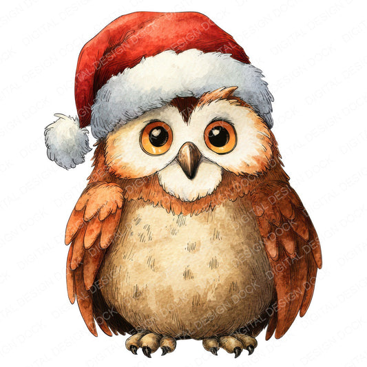 Watercolour Christmas Owl Santa Hat fussy cut sheet in US Letter format showing all 12 designs on one printable page