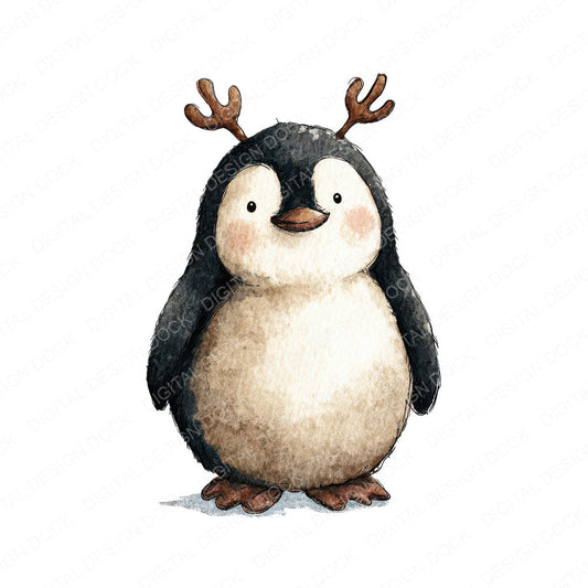 Watercolour Christmas Penguin Antlers fussy cut sheet in US Letter format showing all 12 designs on one printable page