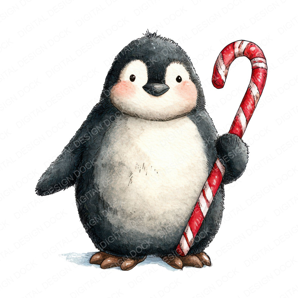 Watercolour Christmas Penguin Candy Cane fussy cut sheet in US Letter format showing all 12 designs on one printable page