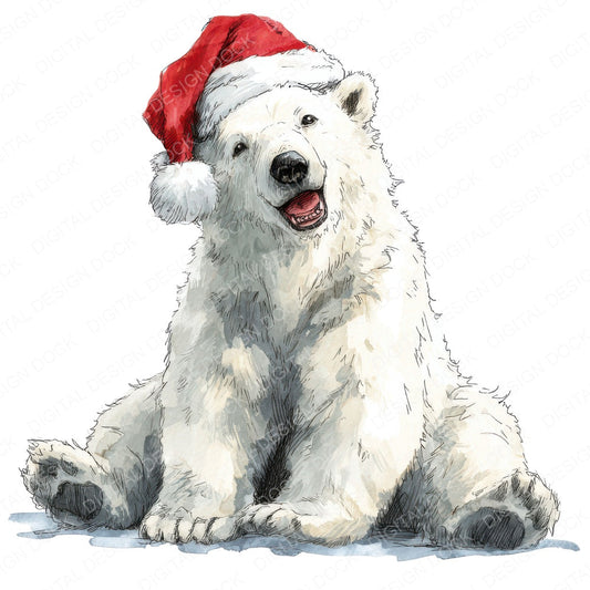 Watercolour Christmas Polar Bear Santa fussy cut sheet in US Letter format showing all 12 designs on one printable page