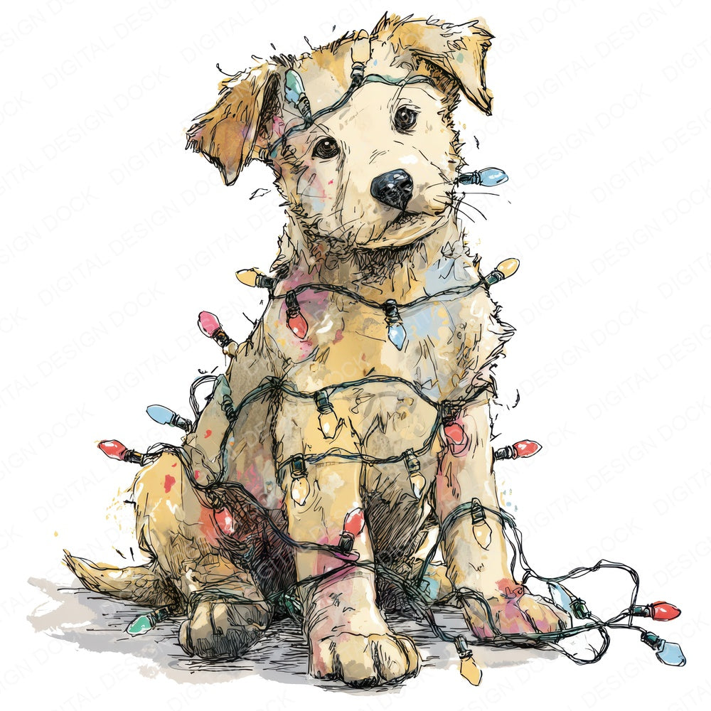 Watercolour Christmas Puppy Lights fussy cut sheet in US Letter format showing all 12 designs on one printable page