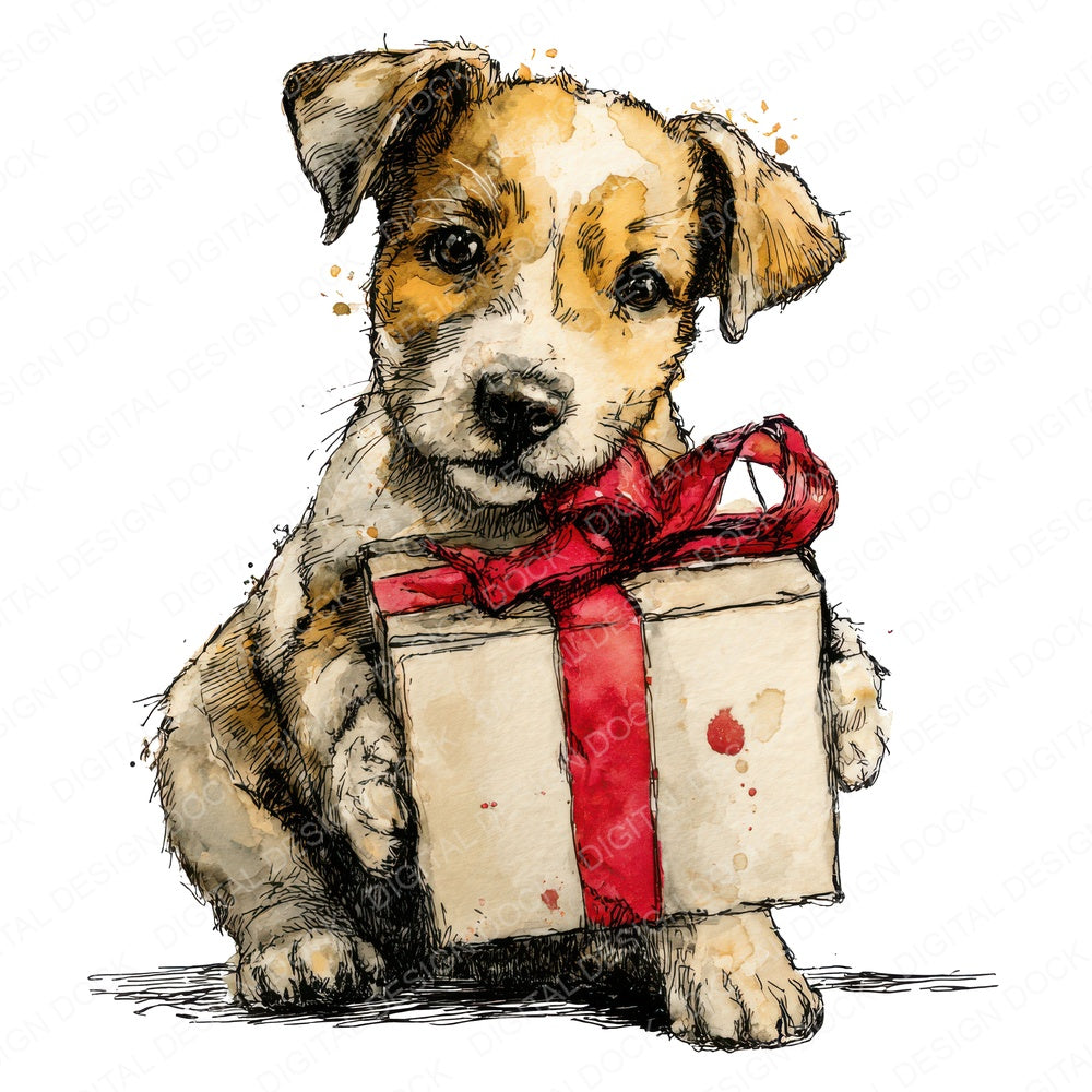 Watercolour Christmas Puppy Present Clipart Set (DDD007058)