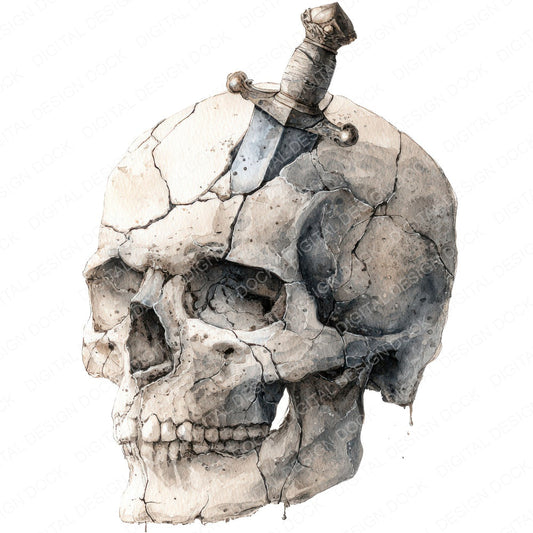 Watercolour Dagger Skull fussy cut sheet in US Letter format showing all 12 designs on one printable page