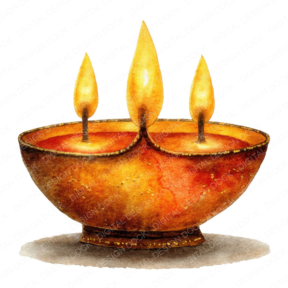 Watercolour Diya Lamp fussy cut sheet in US Letter format showing all 12 designs on one printable page