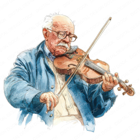 Watercolour Elderly Man Violin fussy cut sheet in US Letter format showing all 12 designs on one printable page