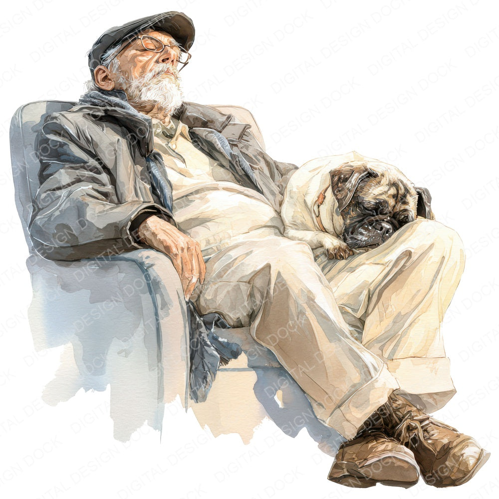Watercolour Elderly Man with Dog fussy cut sheet in US Letter format showing all 12 designs on one printable page