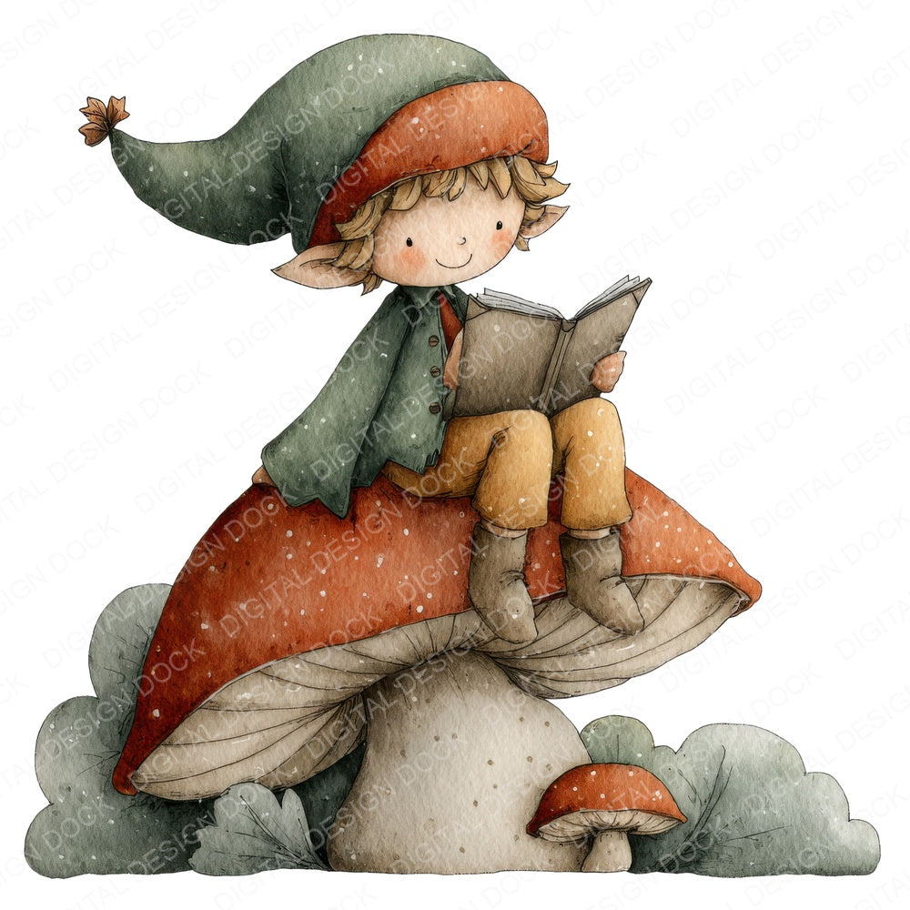 Watercolour Elf Mushroom fussy cut sheet in US Letter format showing all 12 designs on one printable page