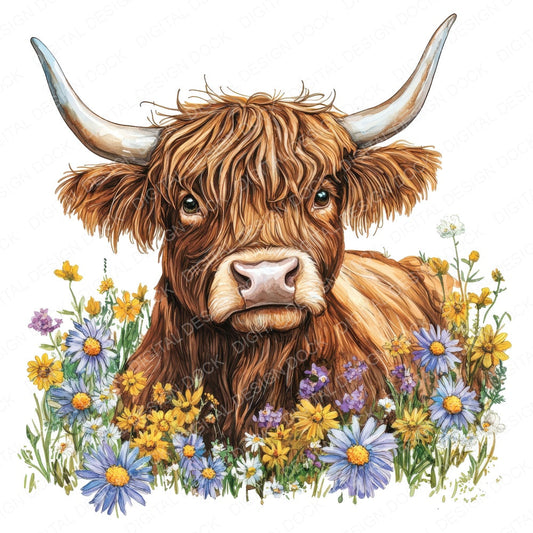 Watercolour Floral Highland Cow fussy cut sheet in US Letter format showing all 12 designs on one printable page