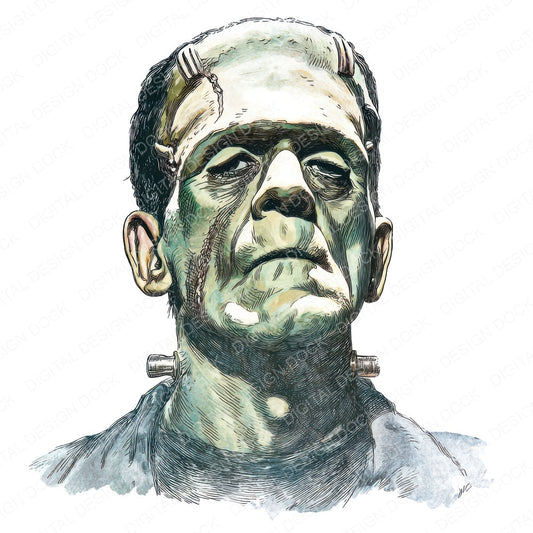 Watercolour Frankenstein Monster fussy cut sheet in US Letter format showing all 12 designs on one printable page