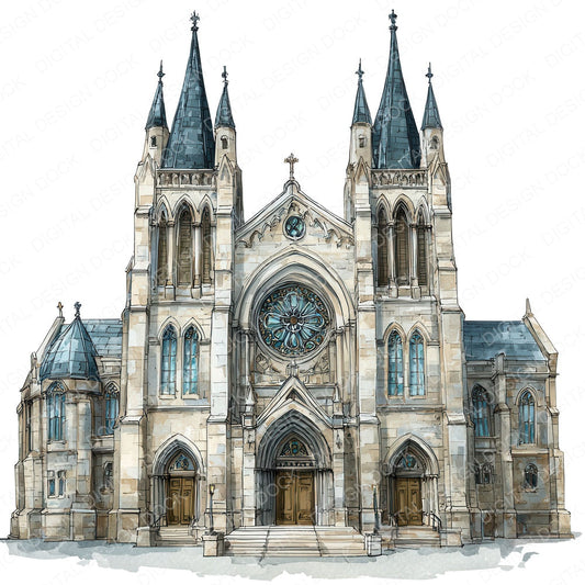 Watercolour Gothic Cathedral fussy cut sheet in US Letter format showing all 12 designs on one printable page
