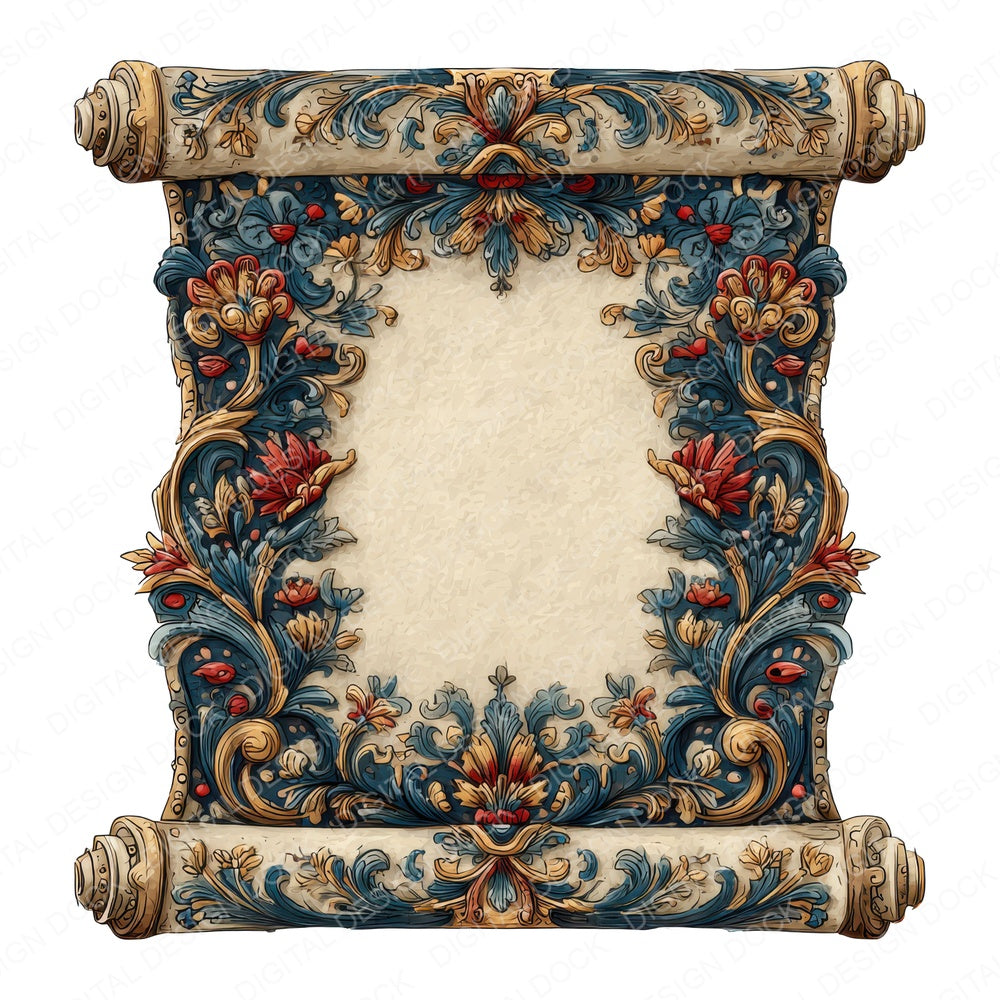 Watercolour Gothic Medieval Scroll fussy cut sheet in US Letter format showing all 12 designs on one printable page