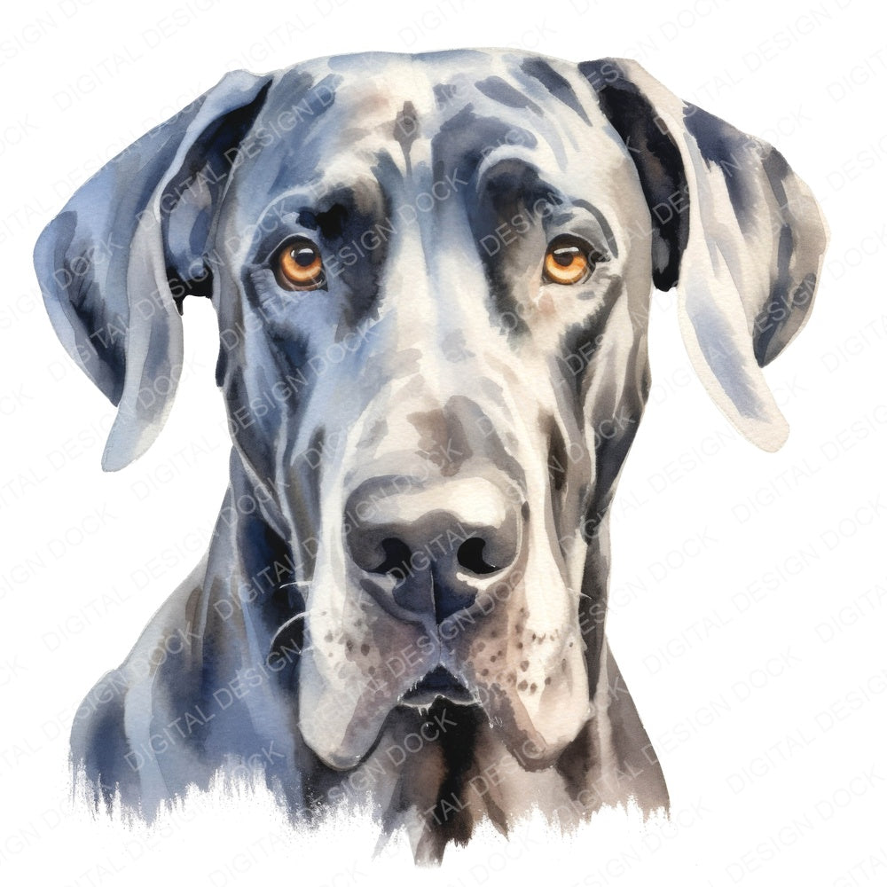 Watercolour Great Dane fussy cut sheet in US Letter format showing all 12 designs on one printable page