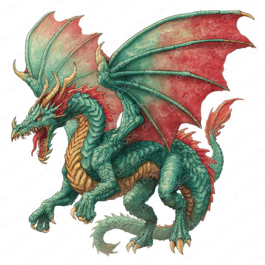 Watercolour Green Red Dragon Clipart Set (DDD007153)