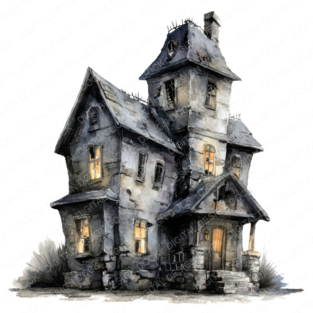Watercolour Haunted House fussy cut sheet in US Letter format showing all 12 designs on one printable page