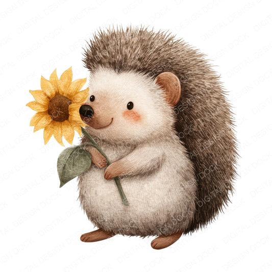 Watercolour Hedgehog Sunflower fussy cut sheet in US Letter format showing all 12 designs on one printable page