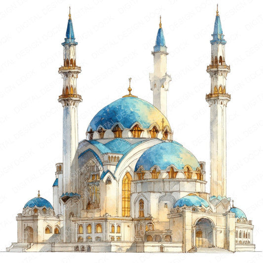 Watercolour Islamic Mosque fussy cut sheet in US Letter format showing all 12 designs on one printable page