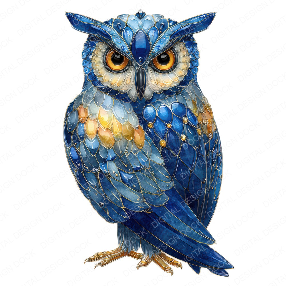 Watercolour Jewelled Owl fussy cut sheet in US Letter format showing all 12 designs on one printable page