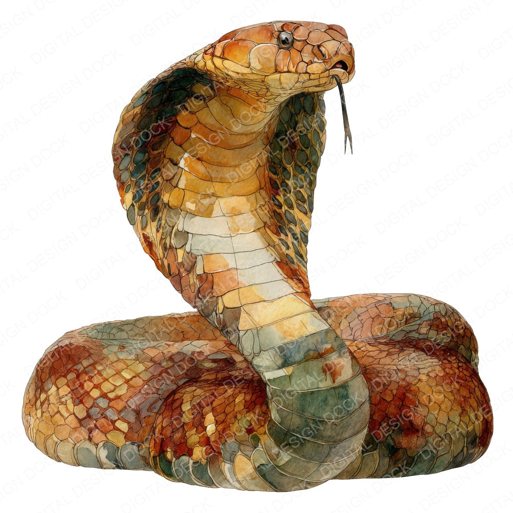 Watercolour King Cobra fussy cut sheet in US Letter format showing all 12 designs on one printable page