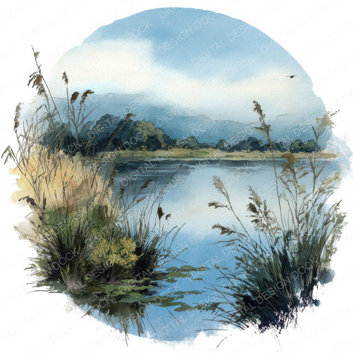 Single Watercolour Lakeside Circle clipart design shown full size