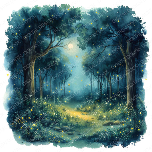 Watercolour Magical Night Forest fussy cut sheet in US Letter format showing all 12 designs on one printable page