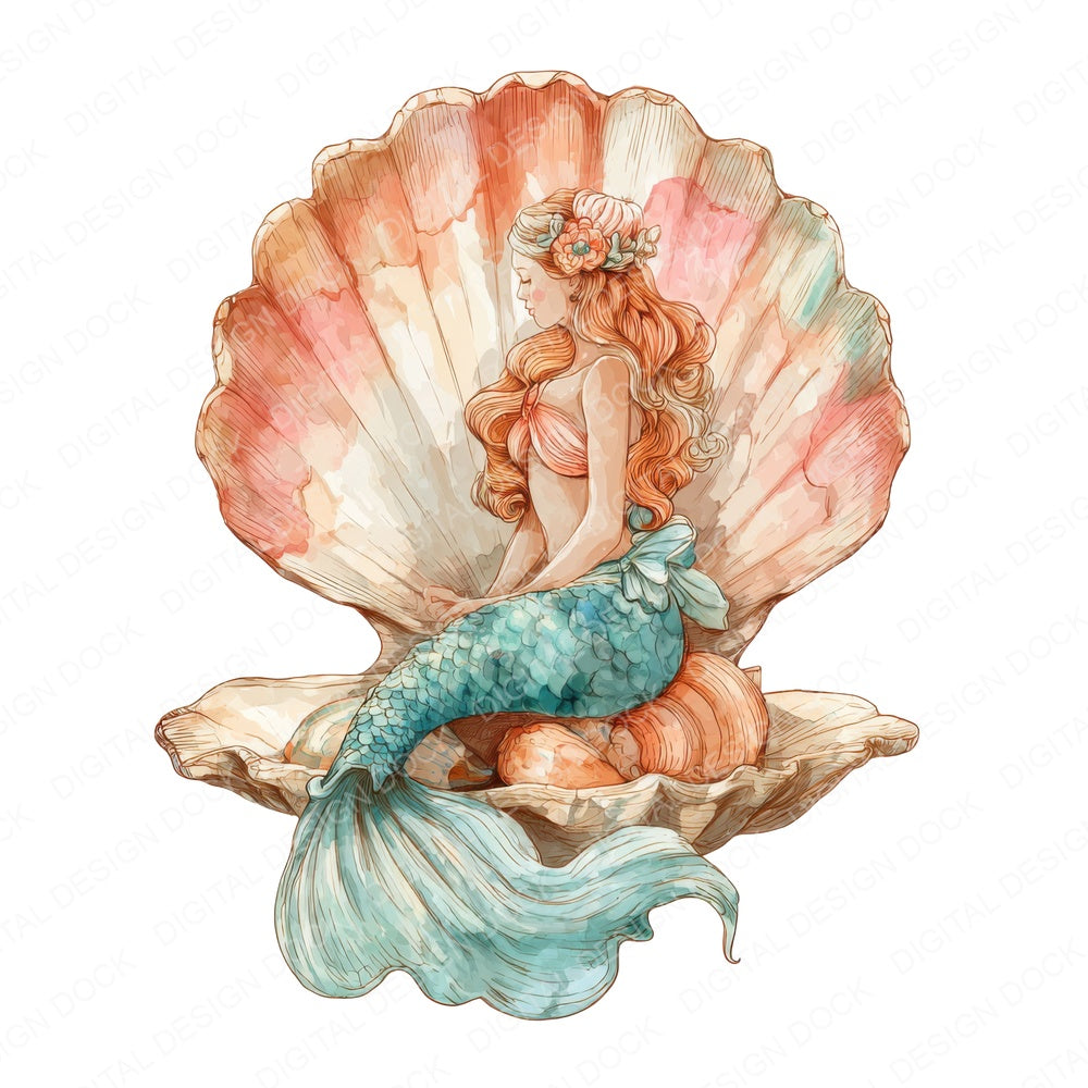 Watercolour Mermaid Seashell fussy cut sheet in US Letter format showing all 12 designs on one printable page