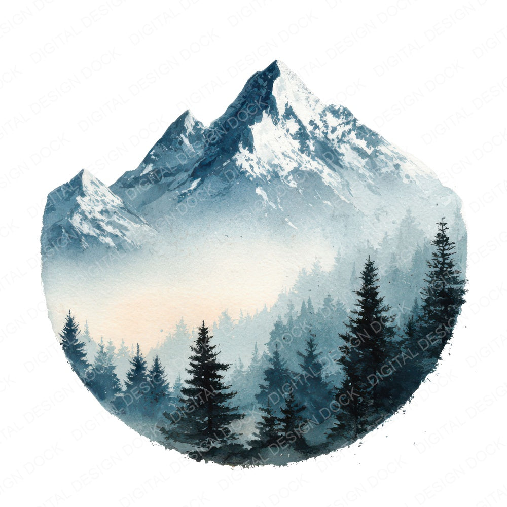 Watercolour Mountain Circle fussy cut sheet in US Letter format showing all 12 designs on one printable page