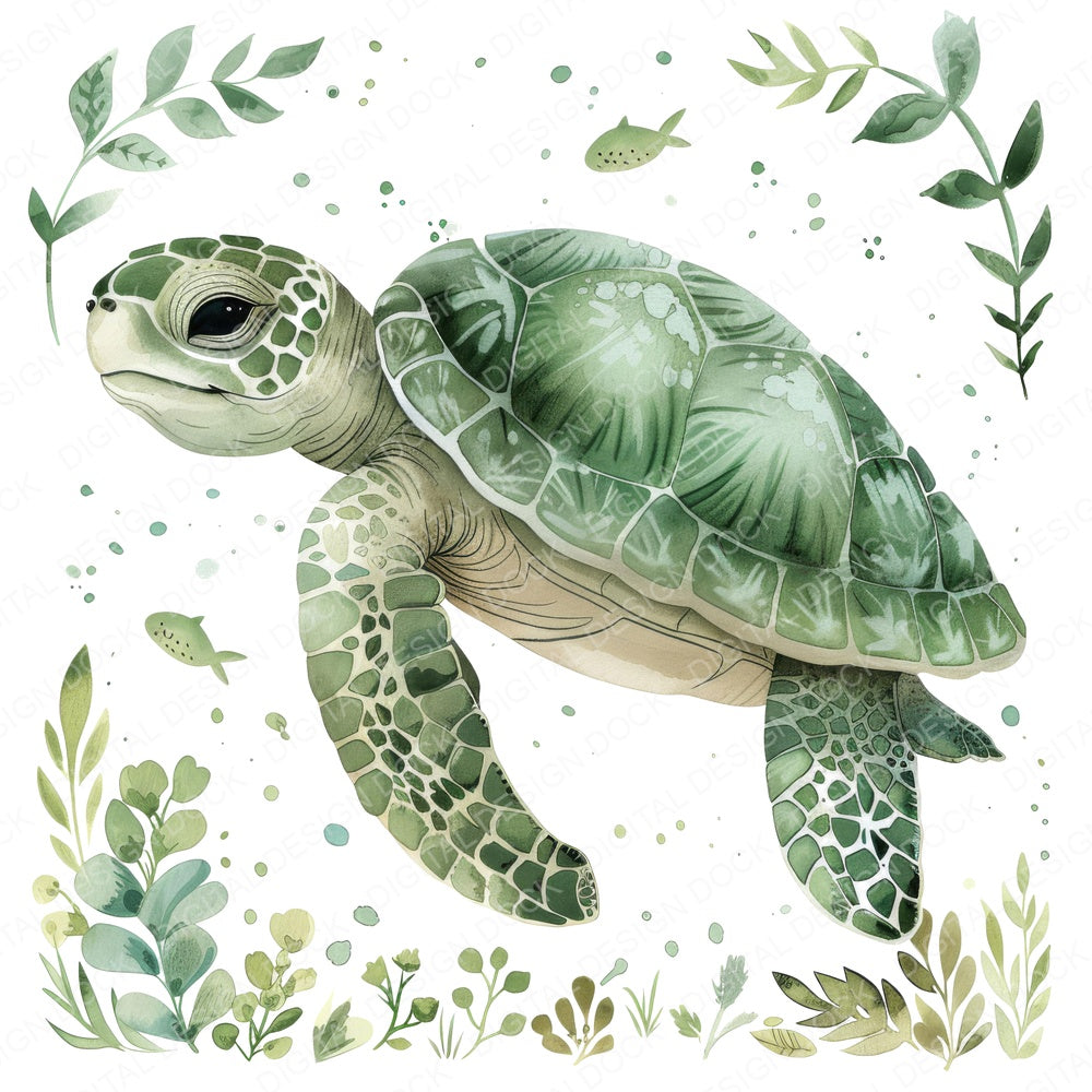 Watercolour Nursery Sea Turtle fussy cut sheet in US Letter format showing all 12 designs on one printable page