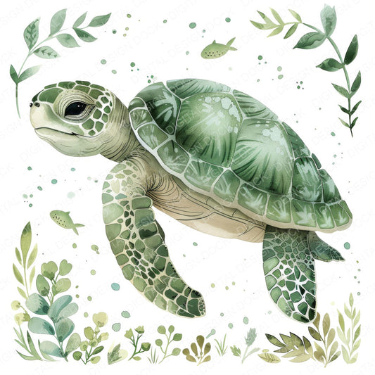 Watercolour Nursery Sea Turtle fussy cut sheet in US Letter format showing all 12 designs on one printable page