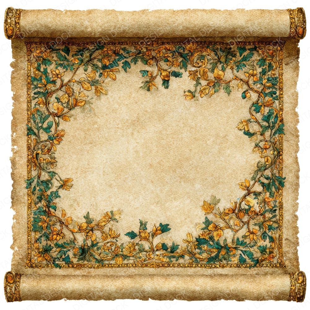 Watercolour Ornate Medieval Scroll fussy cut sheet in US Letter format showing all 12 designs on one printable page