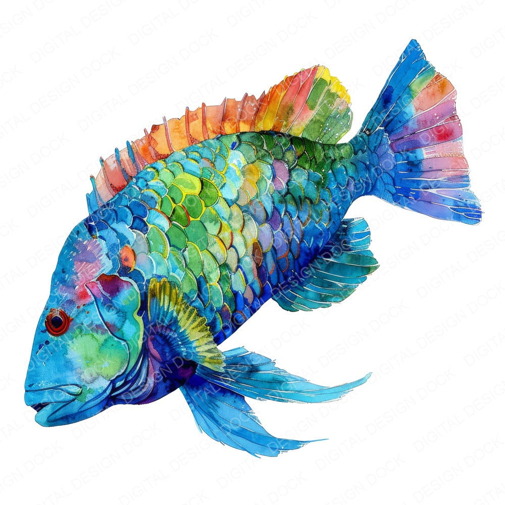 Watercolour Parrotfish fussy cut sheet in US Letter format showing all 12 designs on one printable page
