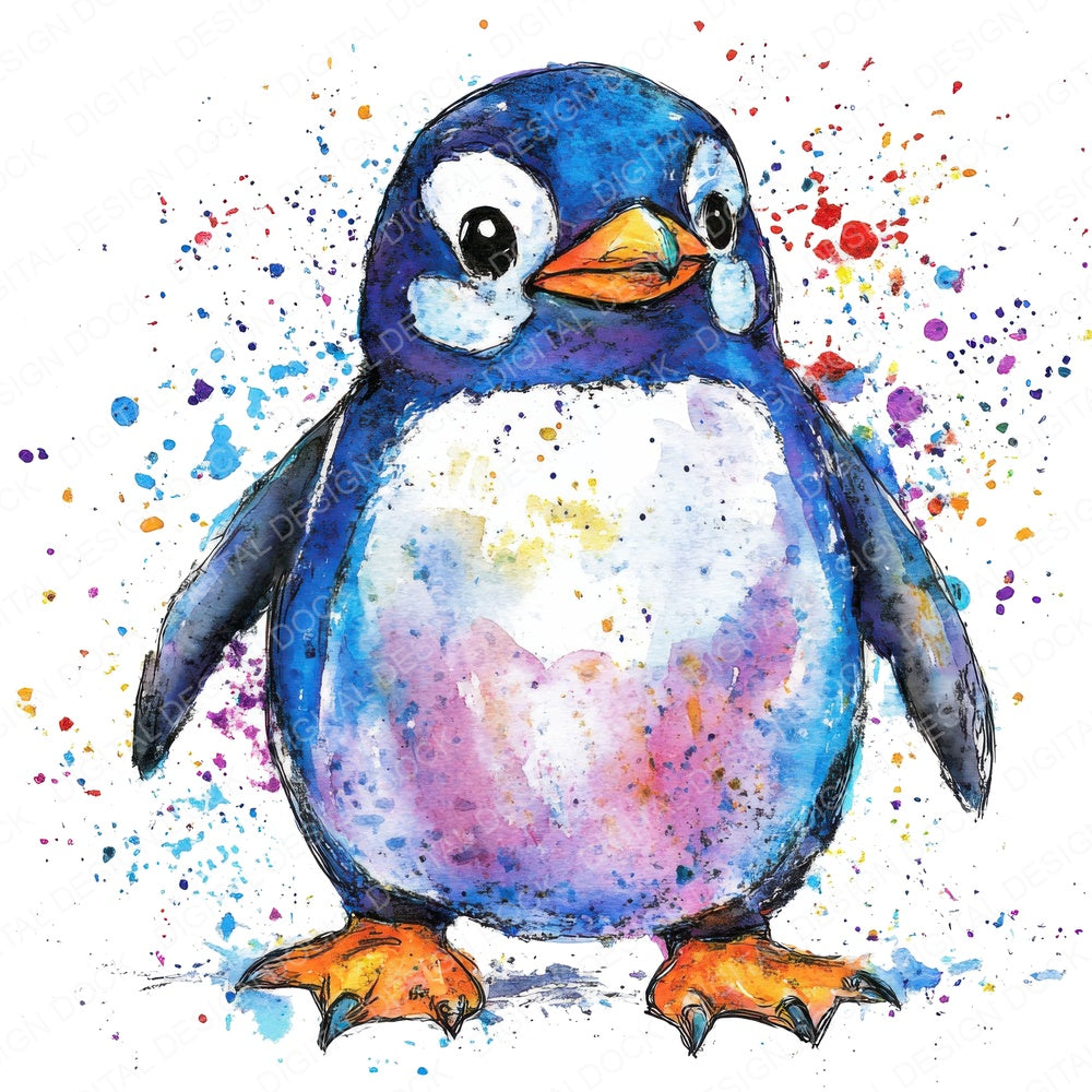 Watercolour Penguin A fussy cut sheet in US Letter format showing all 12 designs on one printable page
