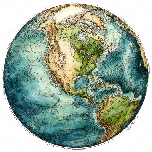 Watercolour Planet Earth fussy cut sheet in US Letter format showing all 12 designs on one printable page