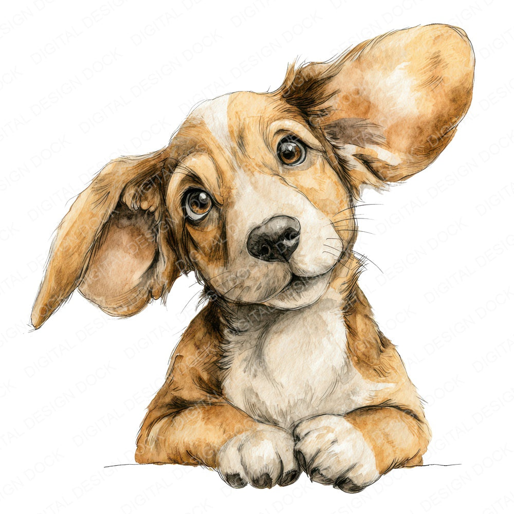 Watercolour Puppy Big Ears fussy cut sheet in US Letter format showing all 12 designs on one printable page