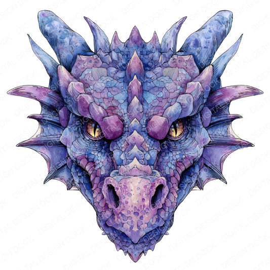 Watercolour Purple Dragon Head fussy cut sheet in US Letter format showing all 12 designs on one printable page