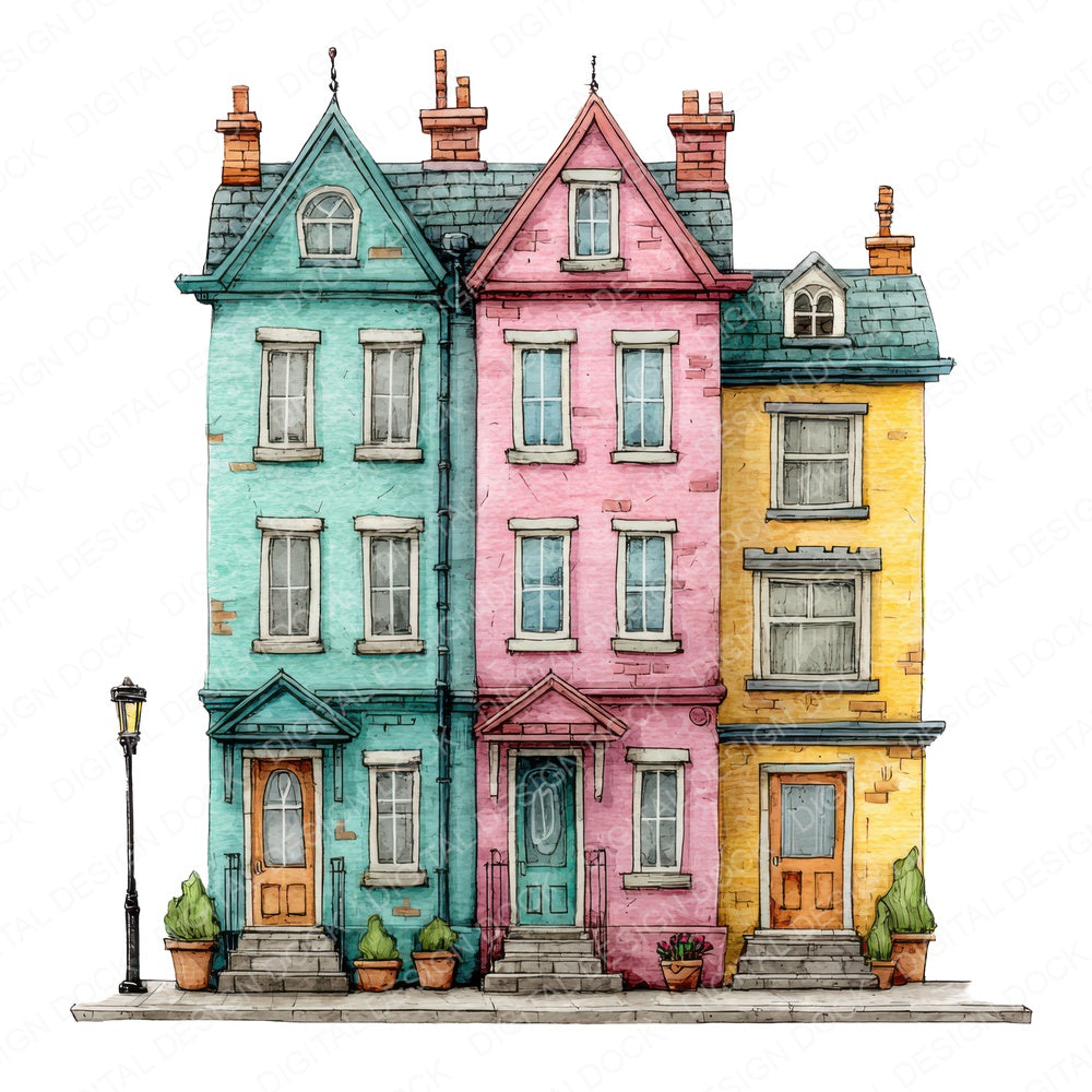 Watercolour Quirky Houses Row fussy cut sheet in US Letter format showing all 12 designs on one printable page