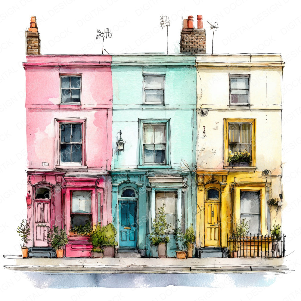 Watercolour Quirky Shopfronts fussy cut sheet in US Letter format showing all 12 designs on one printable page