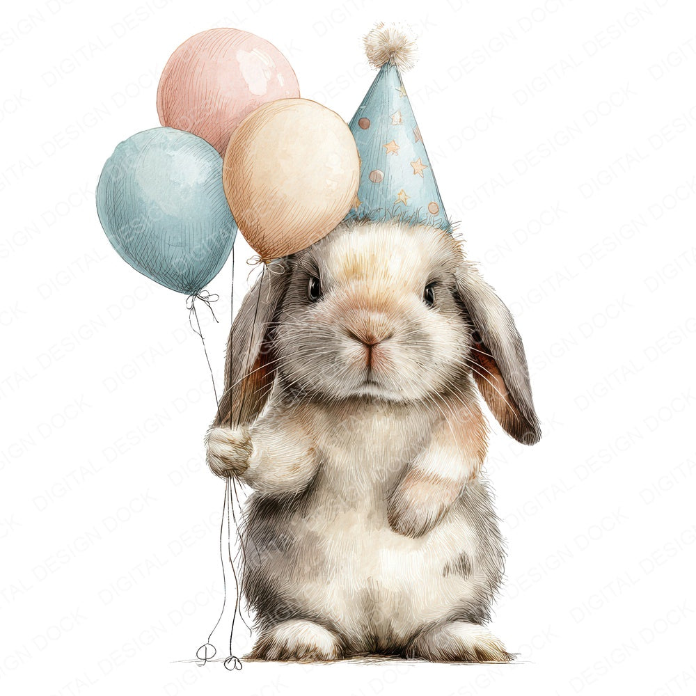 Watercolour Rabbit Balloons fussy cut sheet in US Letter format showing all 12 designs on one printable page
