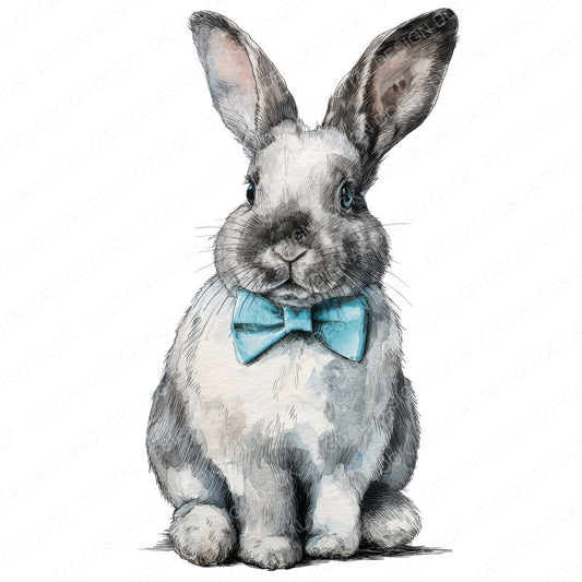 Watercolour Rabbit Bowtie fussy cut sheet in US Letter format showing all 12 designs on one printable page