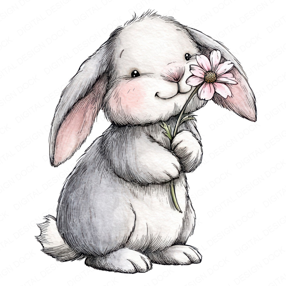 Watercolour Rabbit Daisy fussy cut sheet in US Letter format showing all 12 designs on one printable page
