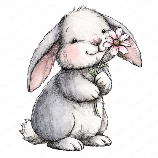 Watercolour Rabbit Daisy fussy cut sheet in US Letter format showing all 12 designs on one printable page