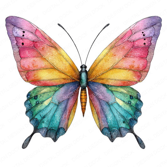 Watercolour Rainbow Butterfly fussy cut sheet in US Letter format showing all 12 designs on one printable page