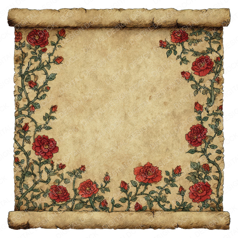 Watercolour Rose Medieval Scroll fussy cut sheet in US Letter format showing all 12 designs on one printable page