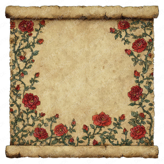 Watercolour Rose Medieval Scroll fussy cut sheet in US Letter format showing all 12 designs on one printable page