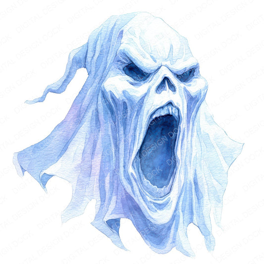 Watercolour Screaming Ghost fussy cut sheet in US Letter format showing all 12 designs on one printable page