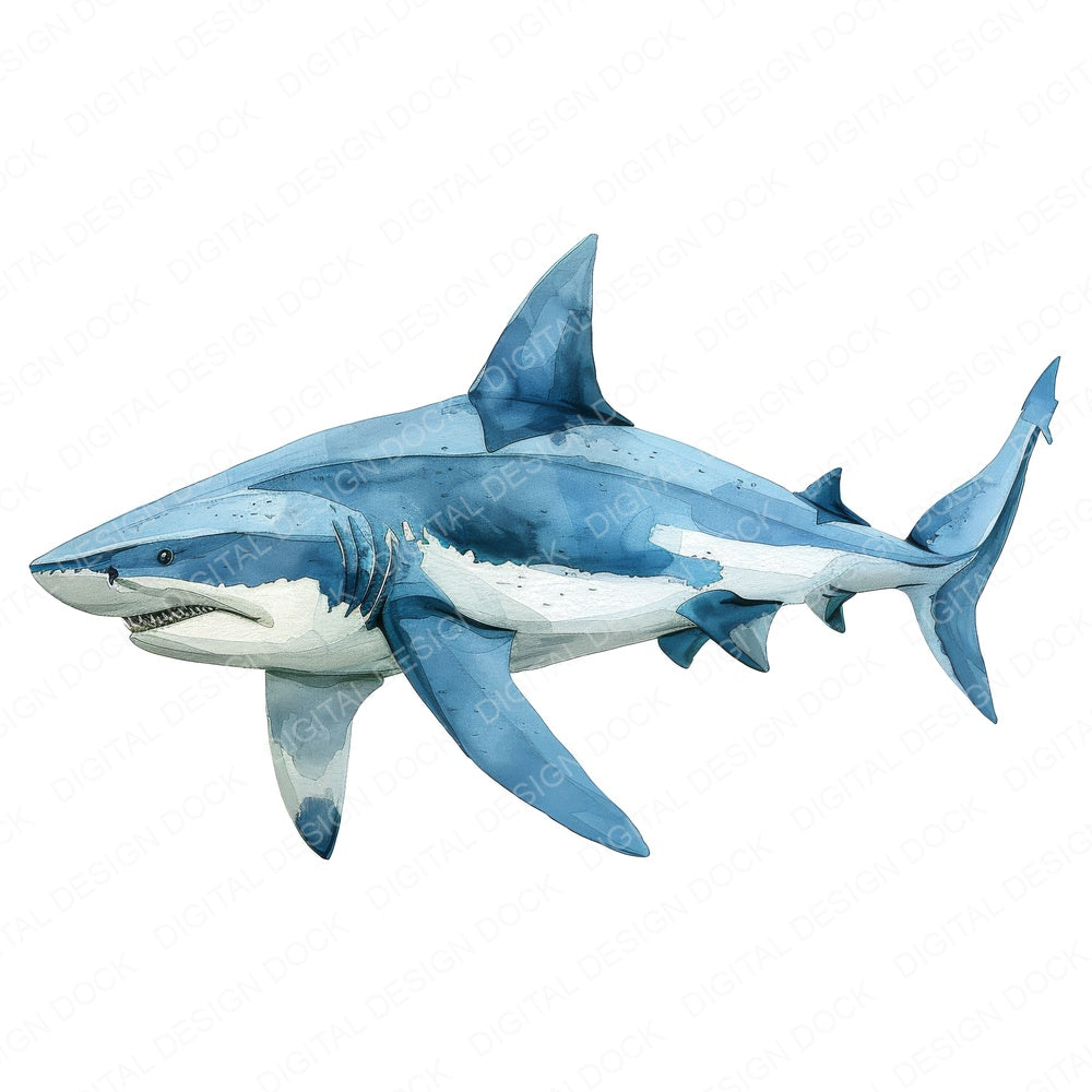 Watercolour Shark fussy cut sheet in US Letter format showing all 12 designs on one printable page