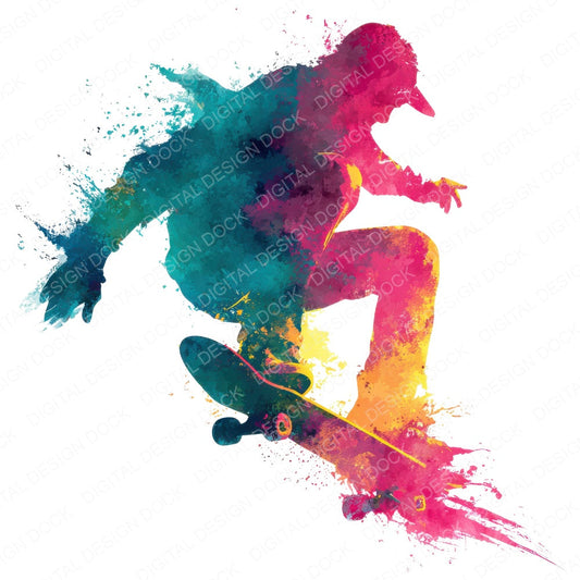 Watercolour Skateboard Trick fussy cut sheet in US Letter format showing all 12 designs on one printable page