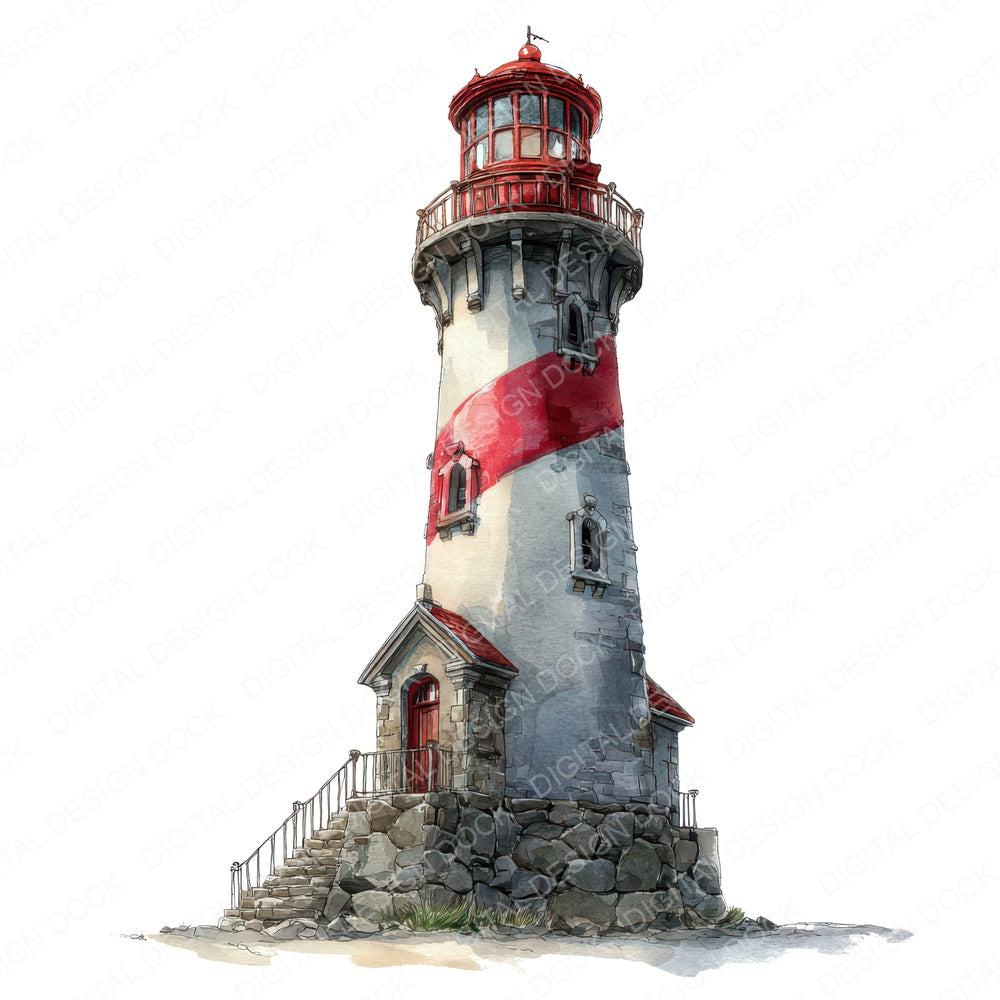 Watercolour Spiral Lighthouse fussy cut sheet in US Letter format showing all 12 designs on one printable page