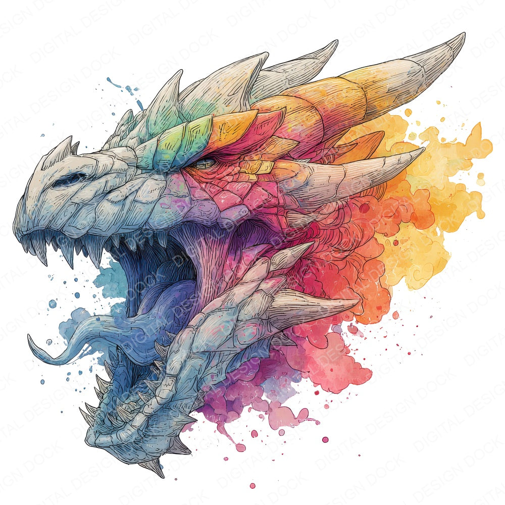 Watercolour Splash Dragon Head Clipart Set (DDD007358)