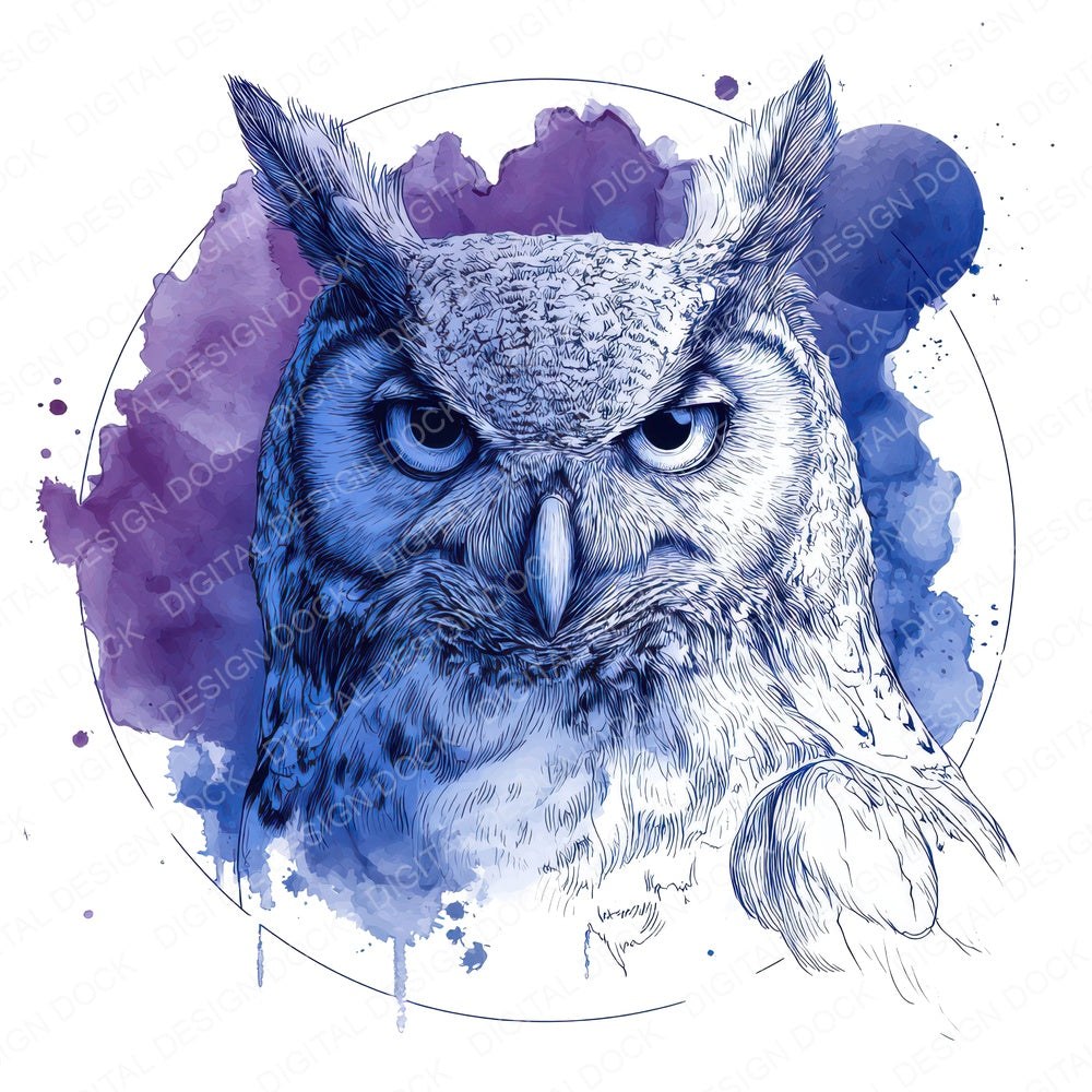 Watercolour Splash Owl Head fussy cut sheet in US Letter format showing all 12 designs on one printable page